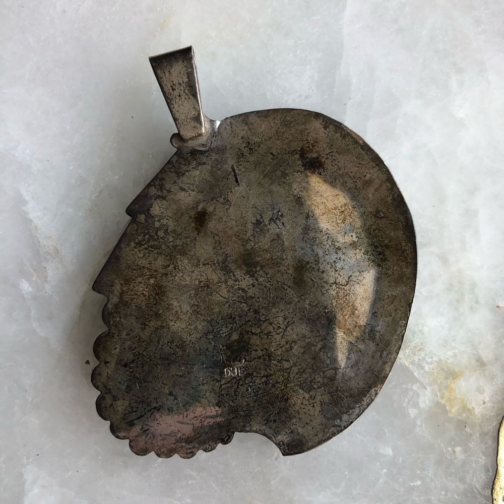 Vintage Native American Signed Navaho Sterling Silver Turquoise Nugget Pendant - Picture 3 of 11